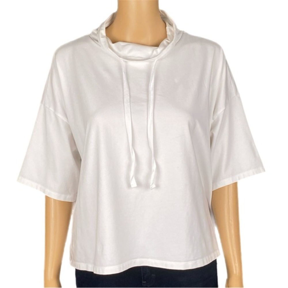 EILEEN FISHER White women’s funnel neck boxy top with drawstring collar Small